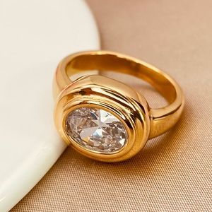 18K Gold Titanium Steel Minimalist Oval White CZ  Dimensional Design